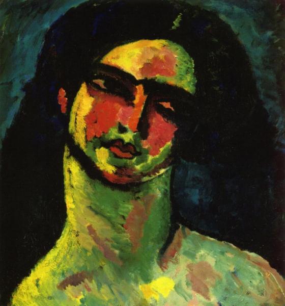 Head Of An Italian Woman Witih Black Hair From The Front by Alexej Von Jawlensky