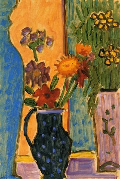 Still Life: Flowers With Blue Vases And Pink Wallpaper by Alexej Von Jawlensky