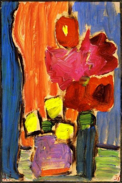 Still Life: Red Flowers In A Blue Vase by Alexej Von Jawlensky