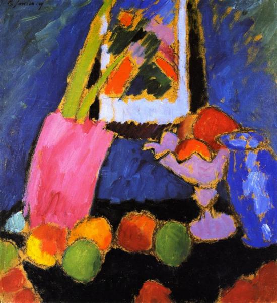 Still Life With Apples And Violet Fruit Stand by Alexej Von Jawlensky
