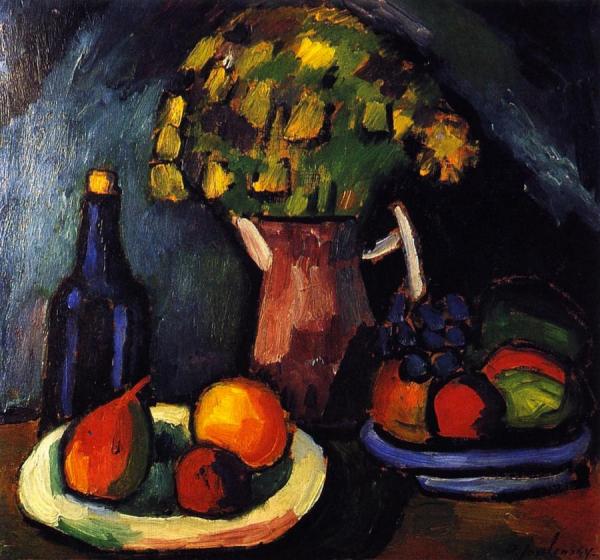 Still Life With Bouquet, Fruit Bowls And Bottle by Alexej Von Jawlensky
