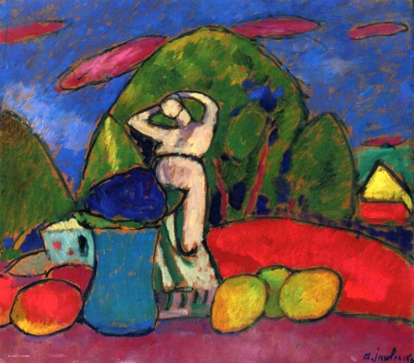 Still Life With Figure, Fruit And Landscape by Alexej Von Jawlensky