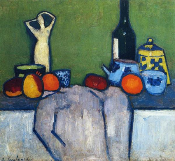 Still Life With Flask, Fruit And Figure by Alexej Von Jawlensky