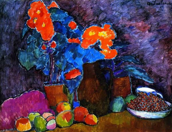 Still Life With Flowers, Fruit And Bottle by Alexej Von Jawlensky