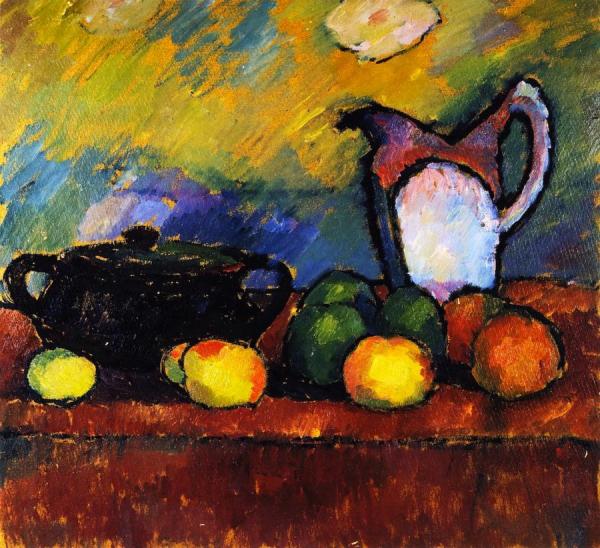 Still Life With Fruit, Jug And Red Cloth by Alexej Von Jawlensky