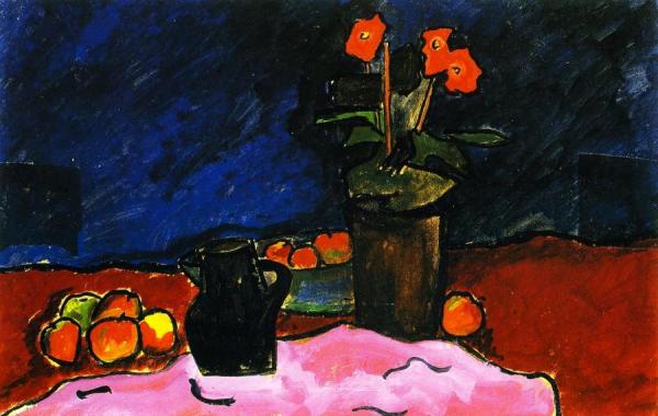 Still Life With Fruit, Jug And Red Cloth by Alexej Von Jawlensky