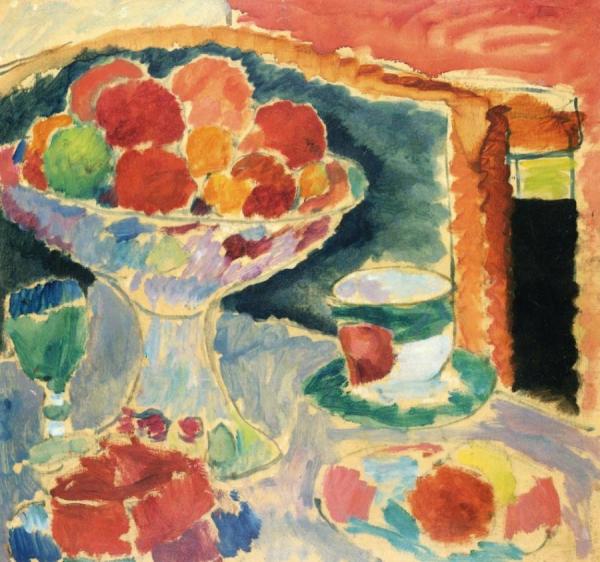 Still Life With Fruit Stand, Bohemian Glass And Empire Cup by Alexej Von Jawlensky
