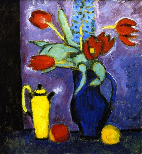Still Life With Tulips, Blue Jug, Yellow Coffee Pot by Alexej Von Jawlensky