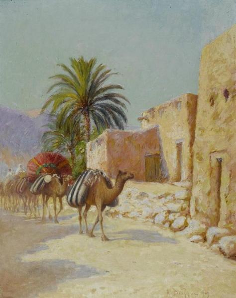 Caravan At The Edge Of An Oasis by Alexis Auguste Delahogue
