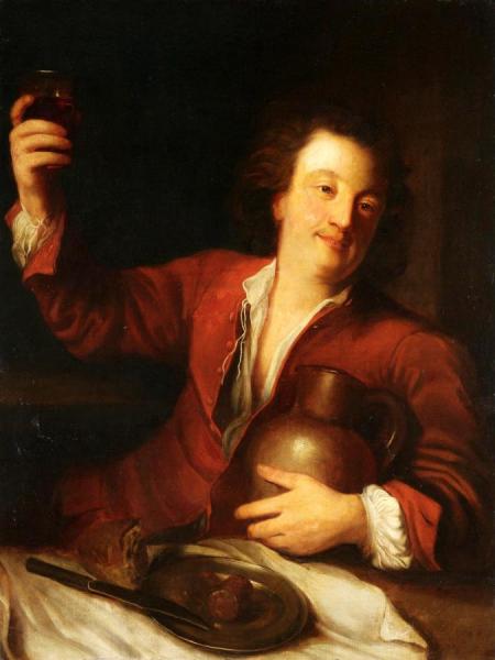 An Interior With A Man Brandishing A Beer Glass by Alexis Grimou