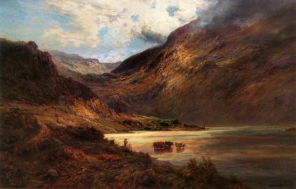 Alfred De Breanski, Sr. Cattle Watering In The Highlands