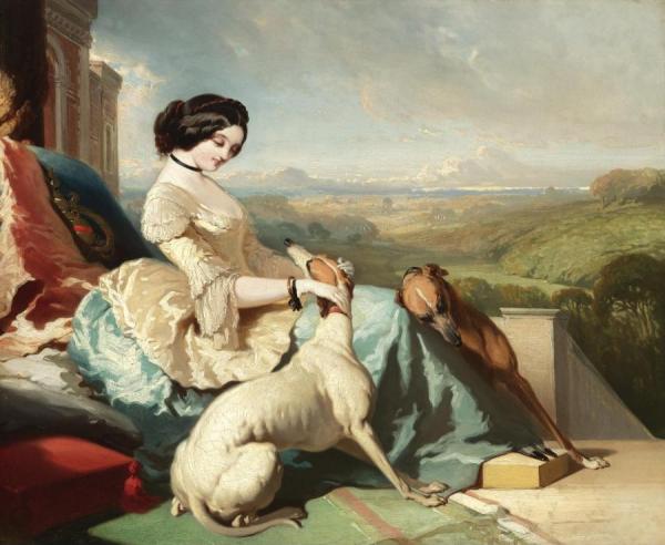 Alfred De Dreux A Lady Sitting With Two Greyhounds