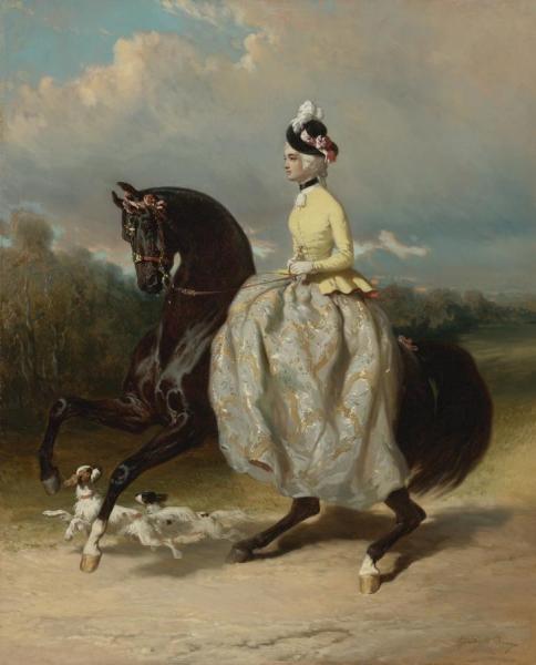Alfred De Dreux Femme En Costume Marie Antoinette Sur Un Cheval Caracolant