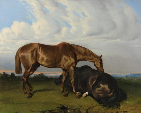 Alfred De Dreux Two Horses In A Landscape