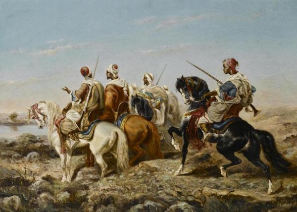 Arab Horsemen Approaching A River by Alfred Durieux Oil Painting Reproductions