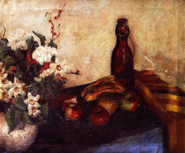Still Life Of Flowers In A Bowl, Fruit And A Glass Bottle by Alfred Henry Maurer
