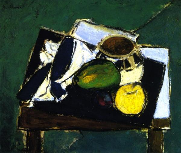 Still Life With Ceramic Bowl On Green Background by Alfred Henry Maurer