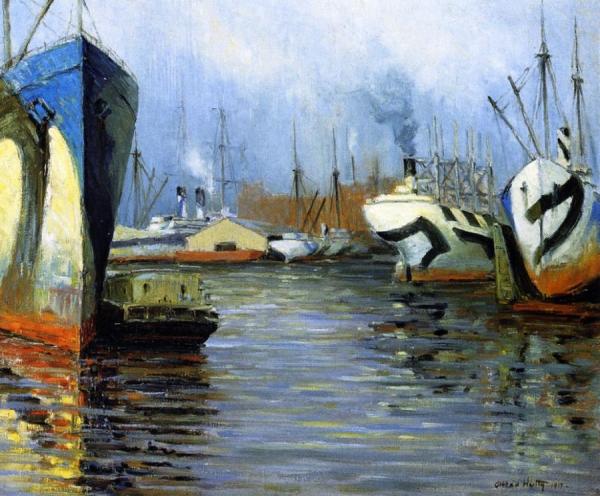 Ships In Harbor by Alfred Hutty