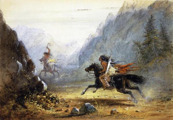 Snake Indian Pursuing A Crow Horse Thief by Alfred Jacob Miller