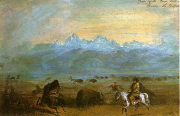 Spurs Of The Rocky Mountains - Baiting The Buffalo by Alfred Jacob Miller