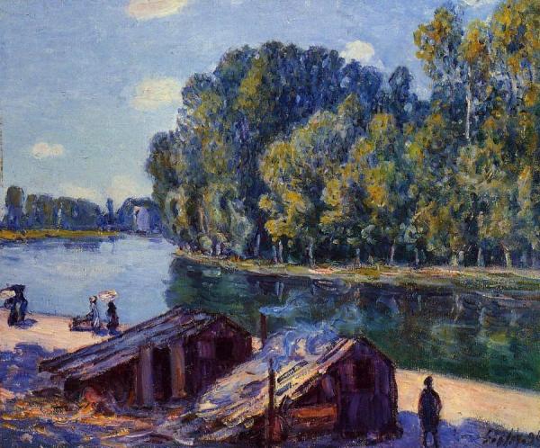 Cabins Along The Loing Canal, Sunlight Effect by Alfred Sisley