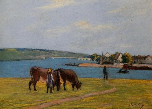 Cows By The Seine At Saint-mammes by Alfred Sisley