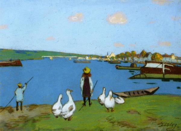 Goose Keeper Along The Loing River by Alfred Sisley
