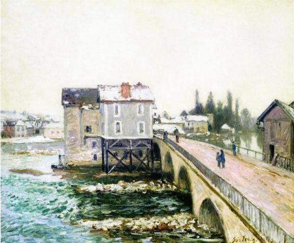 The Bridge And Mills Of Moret, Winter's Effect by Alfred Sisley