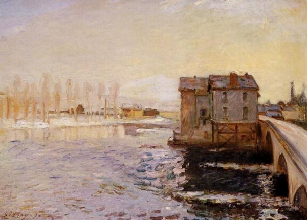 The Moret Bridge And Mills Under Snow by Alfred Sisley