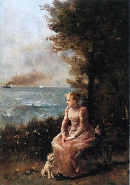 A Young Girl Seated By A Tree by Alfred Stevens Oil Painting Reproductions