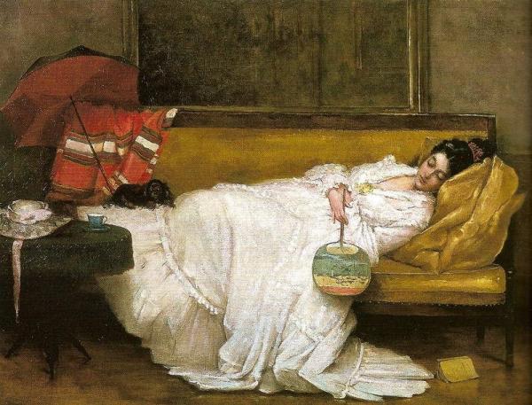 Girl In A White Dress Resting On A Sofa by Alfred Stevens