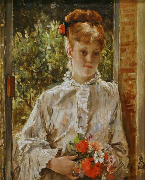 Young Woman In White Holding A Bouquet by Alfred Stevens