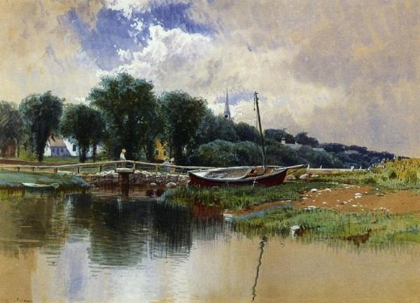 Landscape With Children On A Bridge by Alfred Thompson Bricher