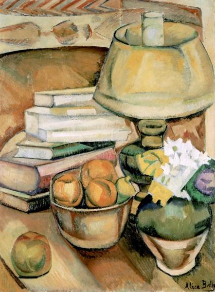 Still Life (lamp, Books And Fruit) by Alice Bailly