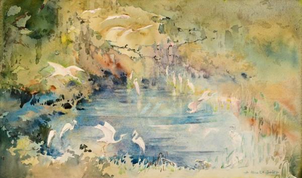Snowy Egrets Deep In The Swamp by Alice Ravenel Huger Smith