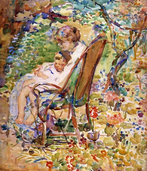 Mother And Child In A Garden, France by Alice Schille