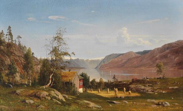 Fjord Landscape With Haystacks by Amaldus Clarin Nielsen