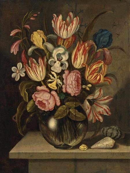 A Still Life Of Tulips, Roses, Irises And Daffodils In A Glass Vase by Ambrosius Bosschaert