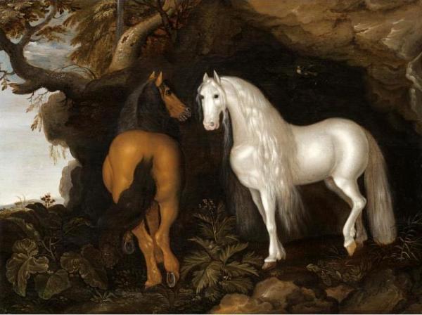 Two Horses Standing In A Wooded Landscape, Before A Cave by Ambrosius Bosschaert