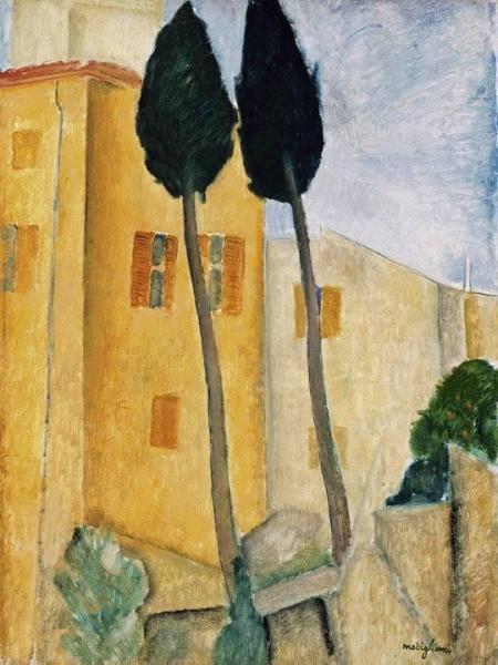 Cypress Trees And Houses, Midday Landscape by Amedeo Modigliani