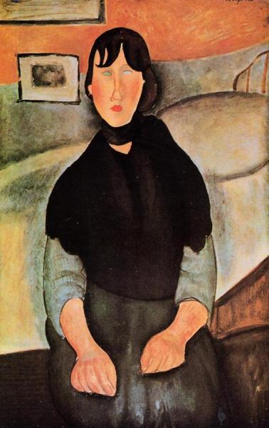 Dark Young Woman Seated By A Bed by Amedeo Modigliani