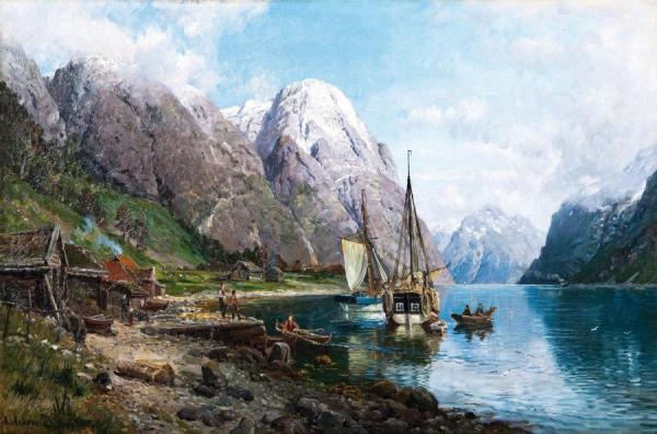 Harbor In The Sognefjord by Anders Monsen Askevold Oil Painting Reproductions