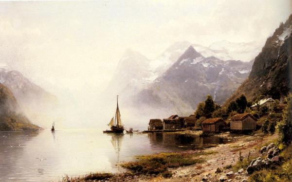 Norwegian Fjord With Snow Capped Mountains by Anders Monsen Askevold Oil Painting Reproductions