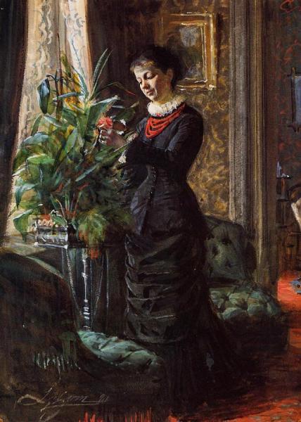Portrait Of Fru Lisen Samson, Nee Hirsch, Arranging Flowers At A Window by Anders Zorn