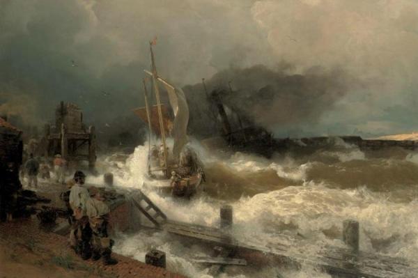 A Fishing Boat And A Steamer In Rough Seas by Andreas Achenbach