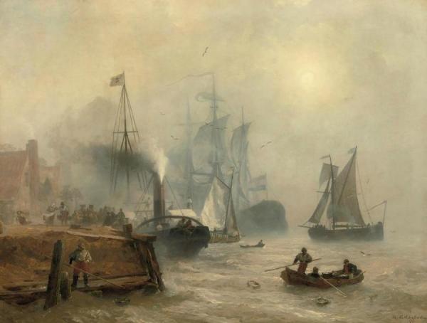 A Moored Steamer At A Busy Quay by Andreas Achenbach