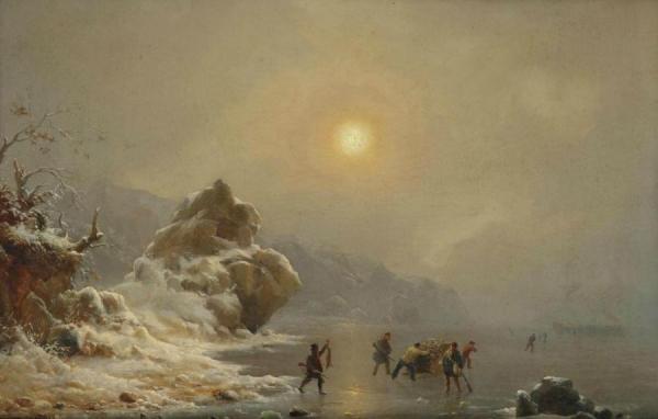 A Winter Landscape With Hunters On The Ice by Andreas Achenbach
