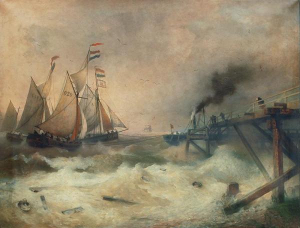 Fisherboats And Steam Vessels At The Pier Of Ostende by Andreas Achenbach
