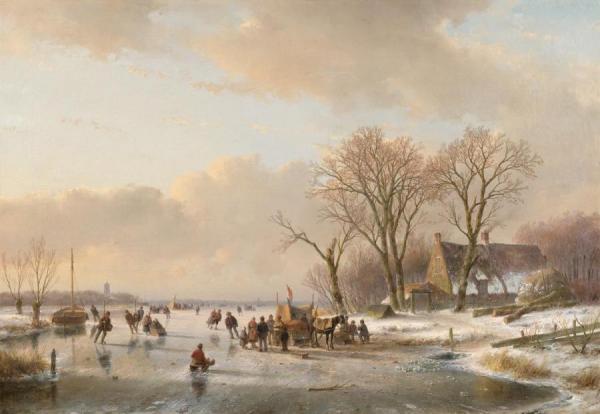 Canal Landscape In Winter by Andreas Schelfhout Oil Painting Reproductions