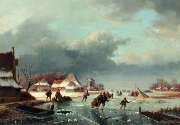 Figures Skating On A Frozen River by Andreas Schelfhout